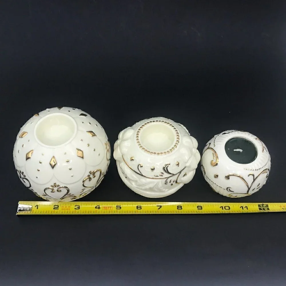 Vintage 90s Otagiri 3 Round Porcelain Tea Light Candle Holders Gold Accent
